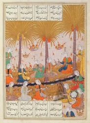 Illustration für ein Gedicht von Elyas Nezami, Mädchen im Garten, die sein Gedicht loben